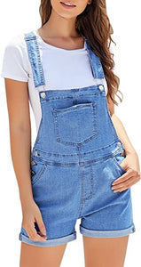 Vetinee Womens Pocket Denim Overalls Shorts Adjustable Cuffed Hem Jean Shortalls