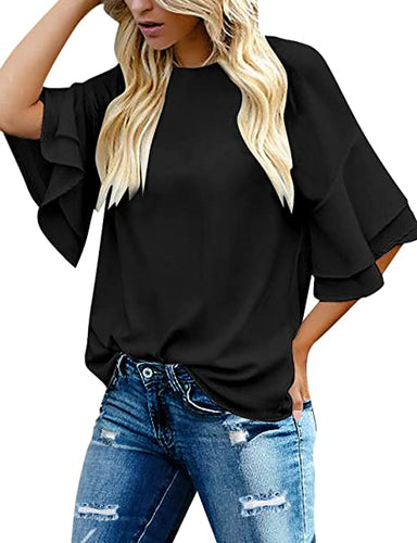 Vetinee Women's Tiered 3/4 Ruffled Bell Sleeve Tops Casual Crewneck Shirt Blouse