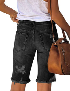 Vetinee Women's Ripped Frayed Hem Bermuda Jean Shorts High Rise Skinny Denim Shorts
