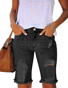 Vetinee Women's Ripped Frayed Hem Bermuda Jean Shorts High Rise Skinny Denim Shorts