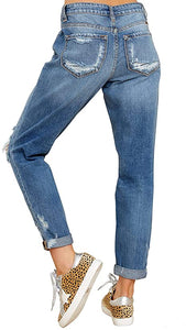 Vetinee Women's High Rise Destroyed Boyfriend Jeans Washed Distressed Ripped Denim Pants