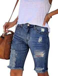 Vetinee Women's Ripped Frayed Hem Bermuda Jean Shorts High Rise Skinny Denim Shorts