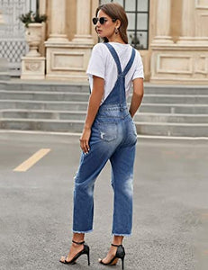 Vetinee Women's Frayed Hem Adjustable Straps Ripped Bib Denim Overalls Jeans Pants