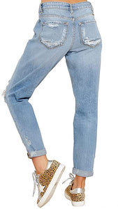 Vetinee Women's High Rise Destroyed Boyfriend Jeans Washed Distressed Ripped Denim Pants