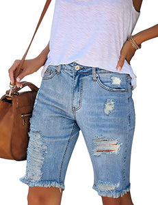 Vetinee Women's Ripped Frayed Hem Bermuda Jean Shorts High Rise Skinny Denim Shorts