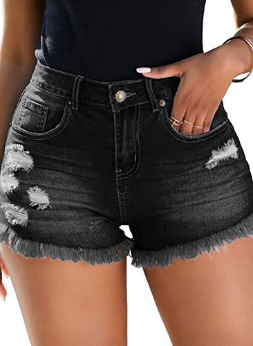 Vetinee Women's Mid Rise Frayed Raw Hem Ripped Destroyed Denim Shorts Jeans