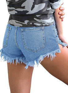 Vetinee Women's Mid Rise Frayed Raw Hem Ripped Destroyed Denim Shorts Jeans