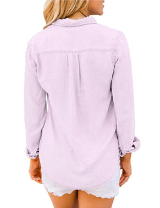 Vetinee Women's Button Down Denim Shirt Collared Casual Long Sleeve Pocket Tops