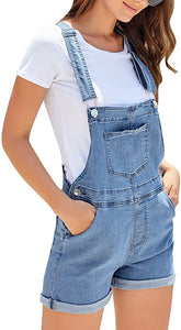Vetinee Womens Pocket Denim Overalls Shorts Adjustable Cuffed Hem Jean Shortalls