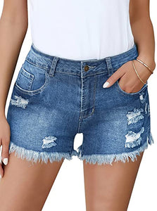 Vetinee Women's Casual High Rise Denim Shorts Frayed Raw Hem Ripped Jean Shorts