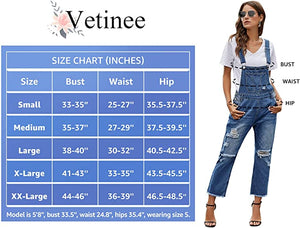Vetinee Women's Frayed Hem Adjustable Straps Ripped Bib Denim Overalls Jeans Pants