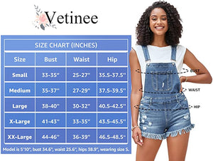 Vetinee Women's Classic Adjustable Straps Cuffed Hem Denim Bib Overalls Shorts