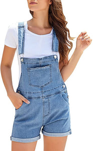 Vetinee Womens Pocket Denim Overalls Shorts Adjustable Cuffed Hem Jean Shortalls