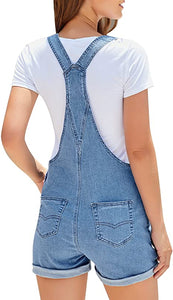 Vetinee Womens Pocket Denim Overalls Shorts Adjustable Cuffed Hem Jean Shortalls