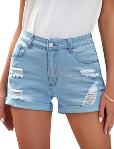 Vetinee Women's Mid Rise Frayed Raw Hem Ripped Destroyed Denim Shorts Jeans