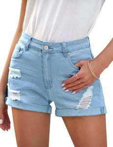 Vetinee Women's Mid Rise Frayed Raw Hem Ripped Destroyed Denim Shorts Jeans