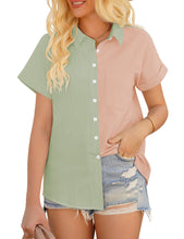 Vetinee Women's Casual Color Block Cotton Button Down Shirt Short Sleeves Collared Top