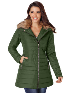 Vetinee Women Casual Faux Fur Lapel Zip Pockets Quilted Parka Jacket Puffer Coat