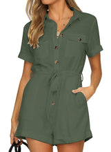 Vetinee Womens Summer Pockets Belted Romper Button Short Sleeve Jumpsuit Playsuit