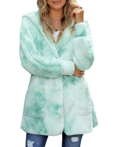 Vetinee Women Casual Fuzzy Fleece Hooded Cardigan Pocket Faux Fur Outerwear Coat