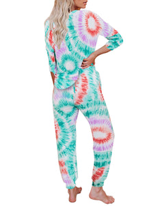 Vetinee Women's Tie Dye Loungewear Pajamas Sets Printed Pocket Long Tops and Pants Joggers Sleepwear