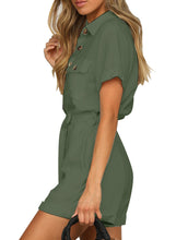 Vetinee Womens Summer Pockets Belted Romper Button Short Sleeve Jumpsuit Playsuit