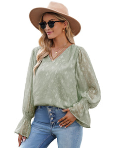 Vetinee Womens Long Sleeve Blouse Lace Shirt Chiffon Blouses Ruffle Sleeve Tops