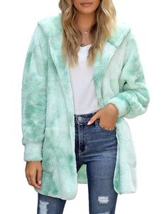 Vetinee Women Casual Fuzzy Fleece Hooded Cardigan Pocket Faux Fur Outerwear Coat