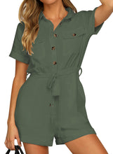 Vetinee Womens Summer Pockets Belted Romper Button Short Sleeve Jumpsuit Playsuit