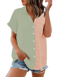 Vetinee Women's Casual Color Block Cotton Button Down Shirt Short Sleeves Collared Top