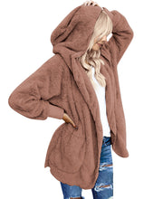 Vetinee Women Casual Fuzzy Fleece Hooded Cardigan Pocket Faux Fur Outerwear Coat