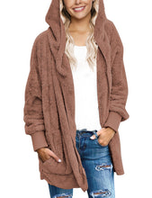 Vetinee Women Casual Fuzzy Fleece Hooded Cardigan Pocket Faux Fur Outerwear Coat