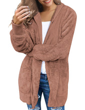 Vetinee Women Casual Fuzzy Fleece Hooded Cardigan Pocket Faux Fur Outerwear Coat