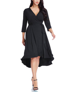 Plus Size Black High-Low Wrap Skater Dress