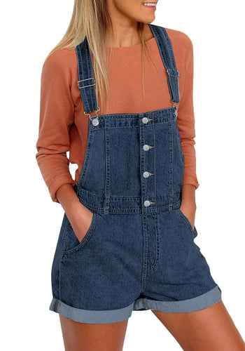 Vetinee Women's Classic Adjustable Straps Cuffed Hem Denim Bib Overalls Shorts