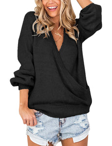 Vetinee Women's Deep V Neck Wrap Front Knit Long Sleeve Sweater Pullover Tops