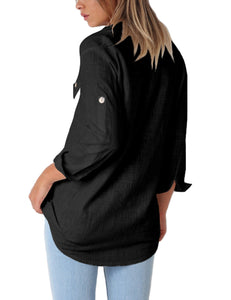 Vetinee Women's Casual Button Down Blouse Shirts Cuffed Sleeve Loose T-Shirt Tops