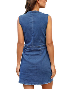 Vetinee Classic Denim Dress for Women Summer Sleeveless Button Down Fitted Dress
