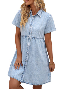 Vetinee Women's Cute Summer Denim Dress Rolled Sleeve Button Down Swing Dress