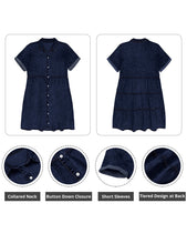 Vetinee Women's Cute Summer Denim Dress Rolled Sleeve Button Down Swing Dress