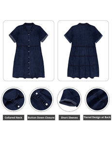 Vetinee Women's Cute Summer Denim Dress Rolled Sleeve Button Down Swing Dress