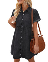 Vetinee Women's Cute Summer Denim Dress Rolled Sleeve Button Down Swing Dress