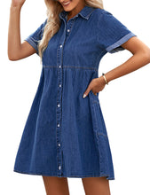 Vetinee Women's Cute Summer Denim Dress Rolled Sleeve Button Down Swing Dress