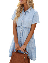 Vetinee Women's Cute Summer Denim Dress Rolled Sleeve Button Down Swing Dress