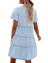 Vetinee Women's Cute Summer Denim Dress Rolled Sleeve Button Down Swing Dress