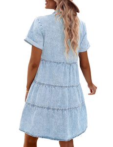 Vetinee Women's Cute Summer Denim Dress Rolled Sleeve Button Down Swing Dress