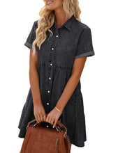 Vetinee Women's Cute Summer Denim Dress Rolled Sleeve Button Down Swing Dress