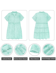 Vetinee Women's Cute Summer Denim Dress Rolled Sleeve Button Down Swing Dress
