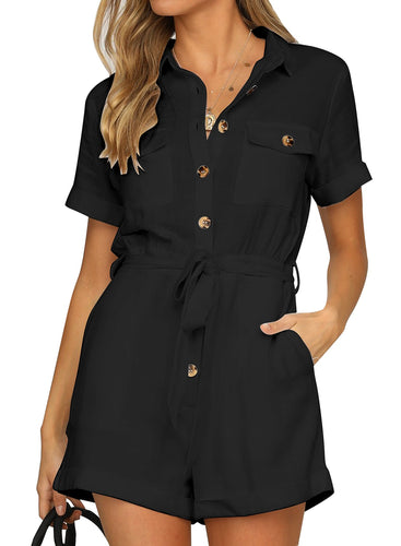 Vetinee Womens Summer Pockets Belted Romper Button Short Sleeve Jumpsuit Playsuit