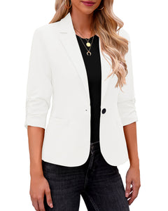 Vetinee Women's Point Collar Pocketed One Button Work Office Blazers Crop Sleeves Jacket Suits
